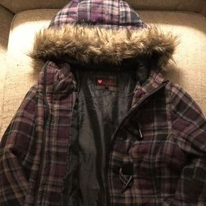 - Women’s Purple Plaid Faux Fur Hood Jacket